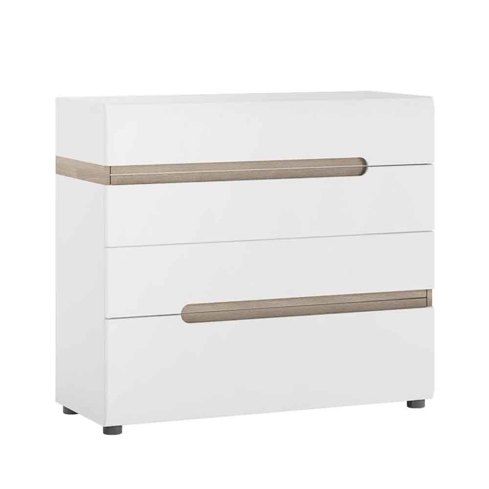 Cheya High Gloss Chest Of 4 Drawers in White And Truffle Oak